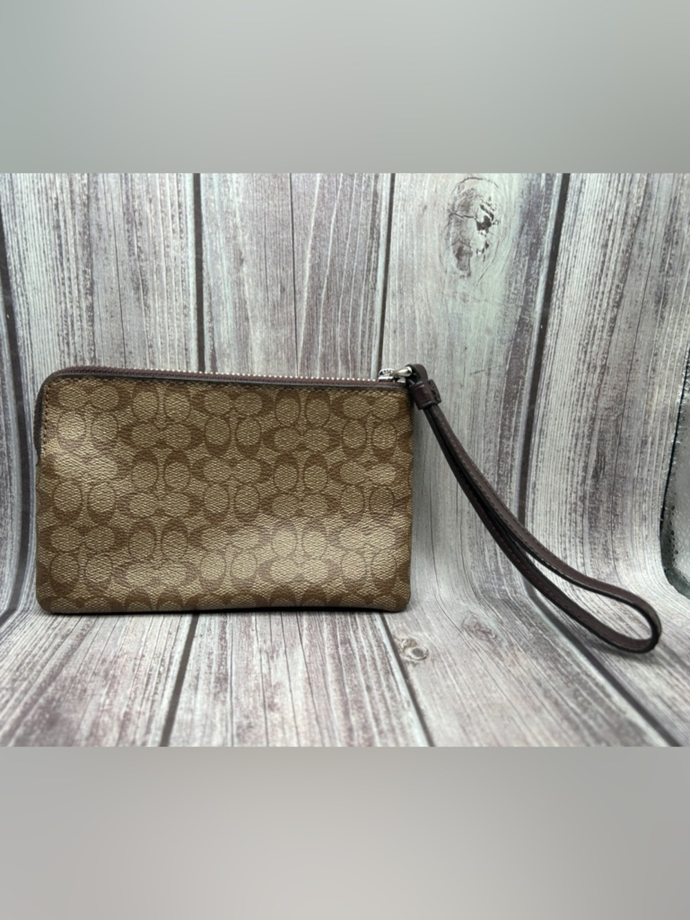 Coach Brown Signature Canvas Wristlet with Pink Lip Patch - Picture 6 of 15